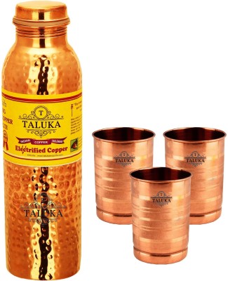 TALUKA Handmade Hammer Joint Free Leak Proof Copper Water Bottle 1000 ML Set with 3 Copper Plain Glass, Cup, Tumbler 300 ML- for Storage Water Drinkware 1900 ml Bottle(Pack of 4, Brown, Copper)