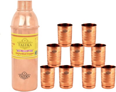 TALUKA Pure Copper Handmade Set 1 Copper Bottle With 9 Copper Glass Tumbler 300 ML, Travel Use Water Bottle 3500 ml Bottle(Pack of 10, Brown, Copper)