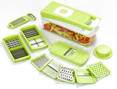 

Bkm & Sons Ganesh Chopper Chopper(2 Nos. 2 in 1 Dicing Blades, 6 Nos. Slicing & Grating Blades, 1 No 2 in 1 Peeler With Grater, 1 Safety Holder), Green;steel;white