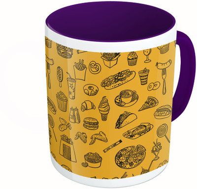 

MiiCreations Printed Two Tone Blue And White Fast Food Pattern Ceramic Mug(325 ml), Multicolor