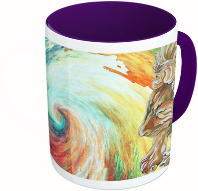 

MiiCreations Printed Two Tone Blue And White Painted Colourful Lion Design Ceramic Mug(325 ml), Multicolor