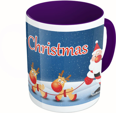 

MiiCreations Printed Two Tone Blue And White Marry Christmas Ceramic Mug(325 ml), Multicolor