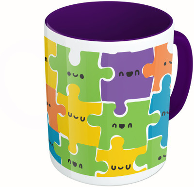 

MiiCreations Printed Two Tone Blue And White Colourful Puzzle Pattern Ceramic Mug(325 ml), Multicolor