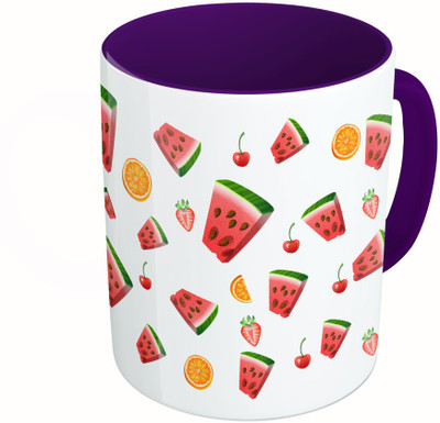 

MiiCreations Printed Two Tone Blue And White Fruits Pattern Ceramic Mug(325 ml), Multicolor