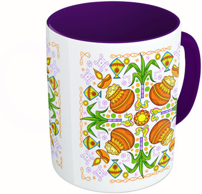 

MiiCreations Printed Two Tone Blue And White Colourful Kalash Pattern Ceramic Mug(325 ml), Multicolor
