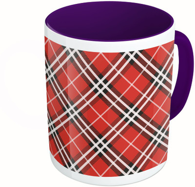 

MiiCreations Printed Two Tone Blue And White Red Check Pattern Ceramic Mug(325 ml), Multicolor