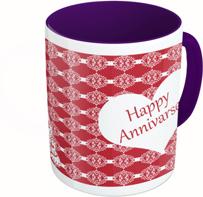 

MiiCreations Printed Two Tone Blue And White Happy Annivarsery Ceramic Mug(325 ml), Multicolor