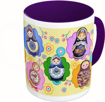 

MiiCreations Printed Two Tone Blue And White Printed Russian Dolls Ceramic Mug(325 ml), Multicolor