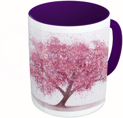 

MiiCreations Printed Two Tone Blue And White Pink Tree Ceramic Mug(325 ml), Multicolor
