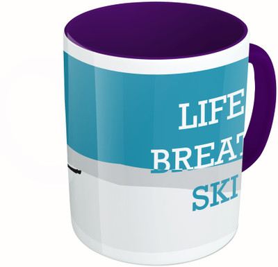 

MiiCreations Printed Two Tone Blue And White Life. Breath.Ski Ceramic Mug(325 ml), Multicolor