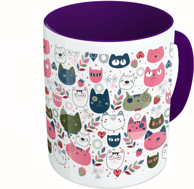 

MiiCreations Printed Two Tone Blue And White Cat Faces Pattern Ceramic Mug(325 ml), Multicolor