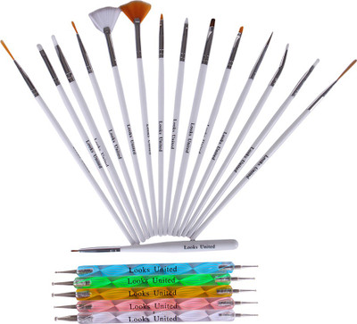 Looks United Combo of 15 Pcs Nail Art Brush Set and 5 Pcs Nail Dotting tools(White)