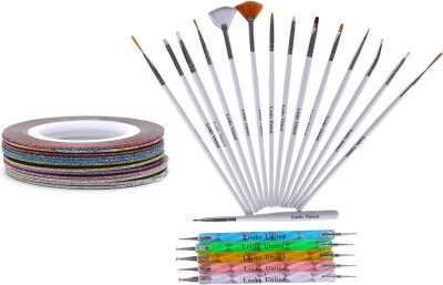 Looks United 15 Nail Art Brushes, 5 Dotting Tools, 5 Striping Tape Rolls(Multi)