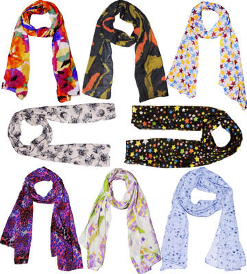 Weavers Villa Printed Set Combo of 8 Scarves Soft PolyCotton Fashion Trendy Women's Scarf