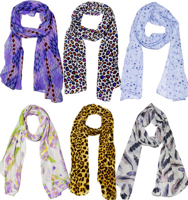 Weavers Villa Printed Set Combo of 6 Scarves Soft PolyCotton Fashion Trendy Women's Scarf