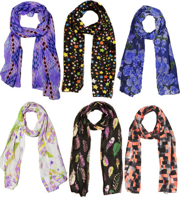 Weavers Villa Printed Set Combo of 6 Scarves Soft PolyCotton Fashion Trendy Women's Scarf