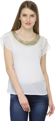 Cation Casual Short Sleeve Solid Women White Top