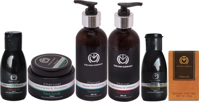 

The Man Company Charcoal Grooming Kit | Packed in Elegant Wooden Gift Box | Set of 6 - Body Wash, Shampoo, Face Scrub, Face Wash, Cleansing Gel, Soap Bar(Set of)