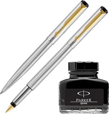 

Parker Vector Stainless Steel GT Fountain Pen & Ball Pen with Black Quink Ink Bottle(Pack of 2)
