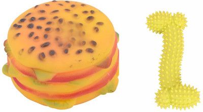 

SRI Natural Rubber Colourful Bones With Burger Toy For Puppy - Small Rubber Squeaky Toy For Dog