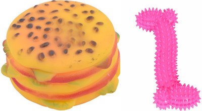 

SRI Imported High Quality Natural Rubber Colorfull Bones With Burger Toy For Puppy - Small Rubber Squeaky Toy For Dog