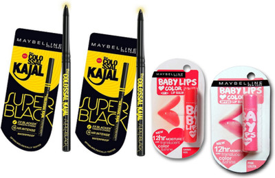 

Maybelline SuperBlack kajal.70,Pinklolita,Cherrykiss Babylips(Set of 4)