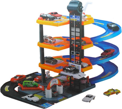 

HALO NATION Driveway Car Track Racer With Real Moving Parts - Popular Parking Garage Series With Car & Helicopter(Orange, Blue), Blue;orange