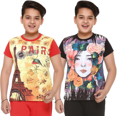 

Shaun Boys Printed Cotton T Shirt(Multicolor, Pack of 2, Black;red