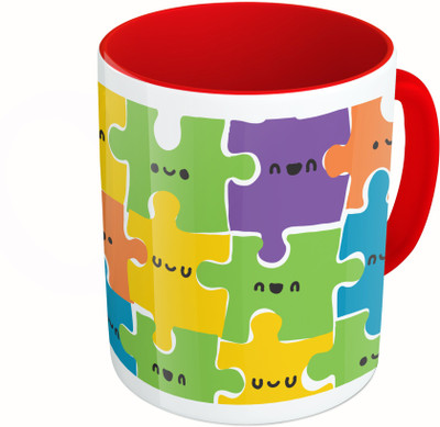 

MiiCreations Printed Two Tone Red And White Colourful Puzzle Pattern Ceramic Mug(325 ml)