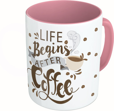 

MiiCreations Printed Two Tone Pink And White Life Begins After Coffee Ceramic Mug(325 ml)