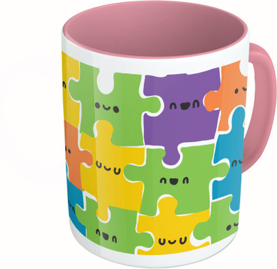 

MiiCreations Printed Two Tone Pink And White Colourful Puzzle Pattern Ceramic Mug(325 ml)