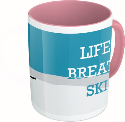 

MiiCreations Printed Two Tone Pink And White Life. Breath.Ski Ceramic Mug(325 ml)