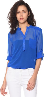 PURYS Casual Roll-up Sleeve Solid Women Blue Top