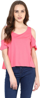 HARPA Casual Cold Shoulder Solid Women Pink Top