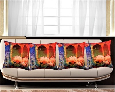 Belive-Me Floral Cushions Cover(Pack of 4, 40.64 cm*40.64 cm, Blue, Orange)
