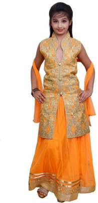 

Ishika Garments Girls Lehenga Choli Ethnic Wear Self Design Lehenga, Choli and Dupatta Set(Orange, Pack of 1)