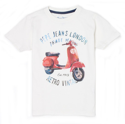 

Pepe Jeans Boys Graphic Print Cotton T Shirt(White, Pack of 1, Ecru