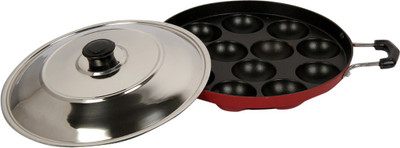 

Bharathi Premium Grade 12 Pits with SS Lid Tawa 28 cm diameter with Lid(Aluminium, Non-stick), Black;red