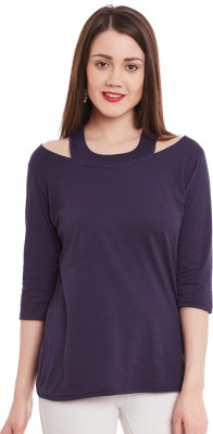 ZIMA LETO Casual 3/4 Sleeve Solid Women Blue Top