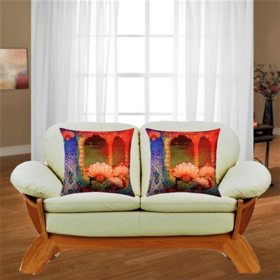Belive-Me Floral Cushions Cover(Pack of 2, 40.64 cm*40.64 cm, Blue, Orange)