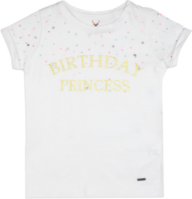 

Allen Solly Junior Girls Printed, Embellished Cotton T Shirt(White, Pack of 1, Snow
