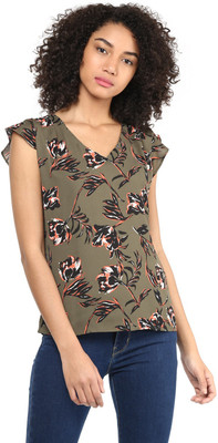HARPA Casual Cap Sleeve Floral Print Women Green Top