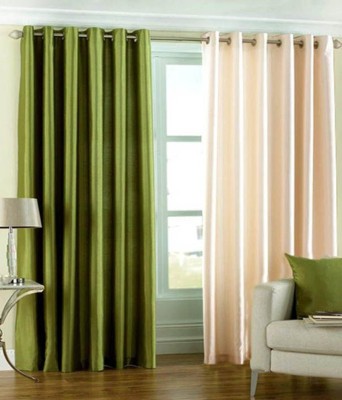 Panipat Textile Hub 213.5 cm (7 ft) Polyester Door Curtain (Pack Of 2)(Solid, Green, Beige)