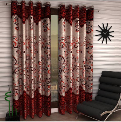 Italian Fab 213 cm (7 ft) Polyester Door Curtain (Pack Of 2)(Floral, Maroon)