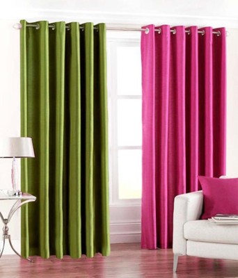 Panipat Textile Hub 213.5 cm (7 ft) Polyester Door Curtain (Pack Of 2)(Solid, Green, Pink)