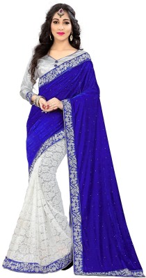 Diwali Special Self Design Bollywood Velvet, Cotton Blend Saree(Blue)