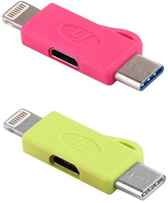 

BB4 SET OF 2 Micro USB to Lightning 8 Pin and Type C Convertor 3 IN 1 CHARGING Cable USB Adapter(Green, Pink)