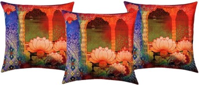 Belive-Me Floral Cushions Cover(Pack of 3, 40.64 cm*40.64 cm, Blue, Orange)