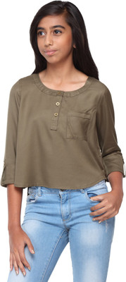 

GENZEE Girls Casual Cotton Rayon Blend Crop Top(Green, Pack of 1, Olive