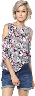 HARPA Casual 3/4 Sleeve Floral Print Women Grey Top